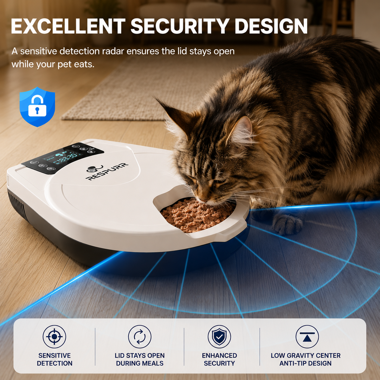 Maine Coon cat eating from a smart automatic feeder with motion detection safety sensor, anti-tip design, and programmable meal dispenser.